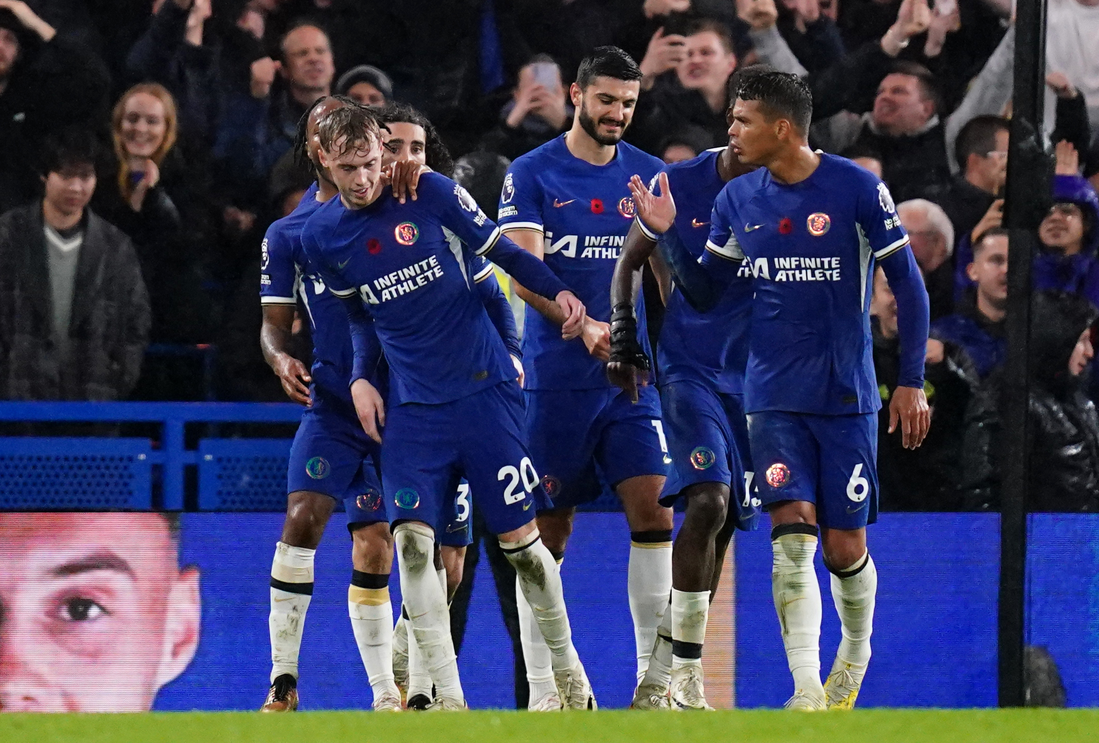 Cole Palmer (third left) celebrates with team-mates after scoring against Manchester City