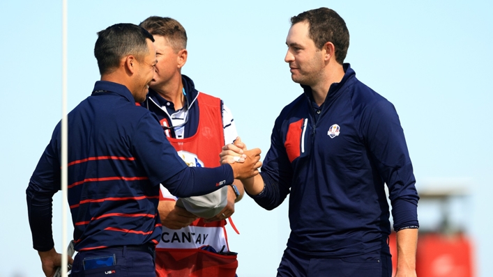 Xander Schauffele (left) and Patrick Cantlay (right) celebrate during their foursomes match