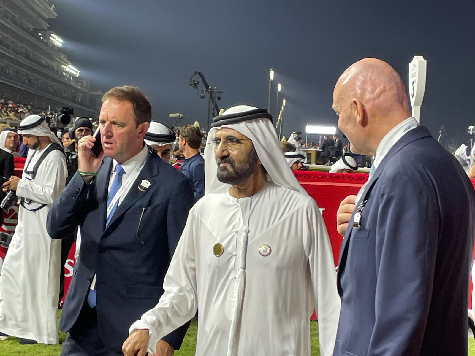 Owner Sheikh Mohammed with Charlie Appleby (left) and David Loder