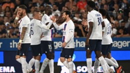 Paris Saint-Germain celebrate Lionel Messi's goal