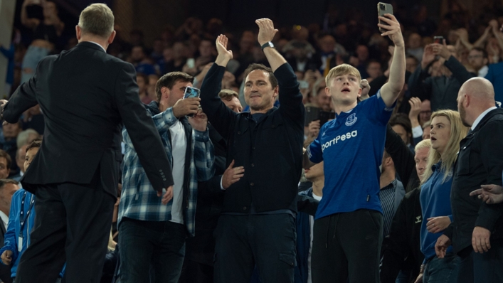 Frank Lampard celebrated in the stands at Goodison Park after Everton ensured survival last season