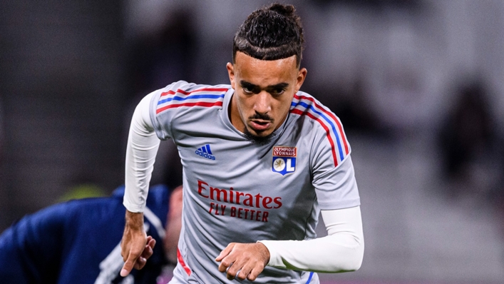 Lyon's Malo Gusto warming up prior to a Ligue 1 match