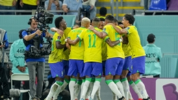 Brazil players celebrate Lucas Paqueta's goal