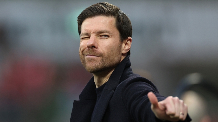 Xabi Alonso reacts during Leverkusen's win against Bayern Munich