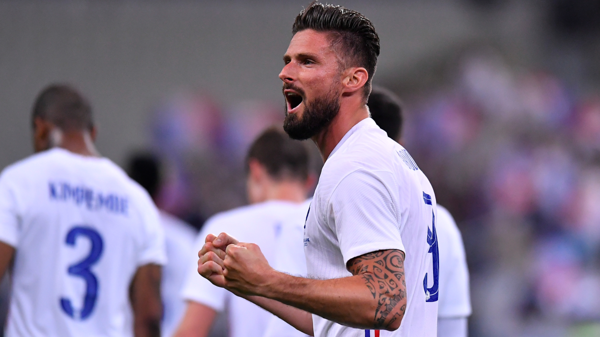 Olivier Giroud celebrates a France goal