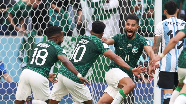 Saudi Arabia's Salem Al Dawsari (right) celebrates his stunning goal against Argentina