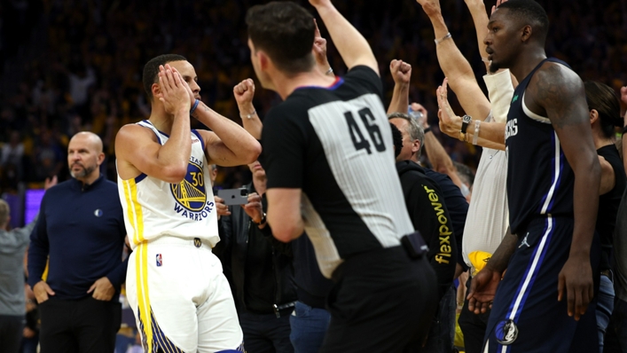 Stephen Curry says "night night" as he buries a dagger three-pointer late in Game 2