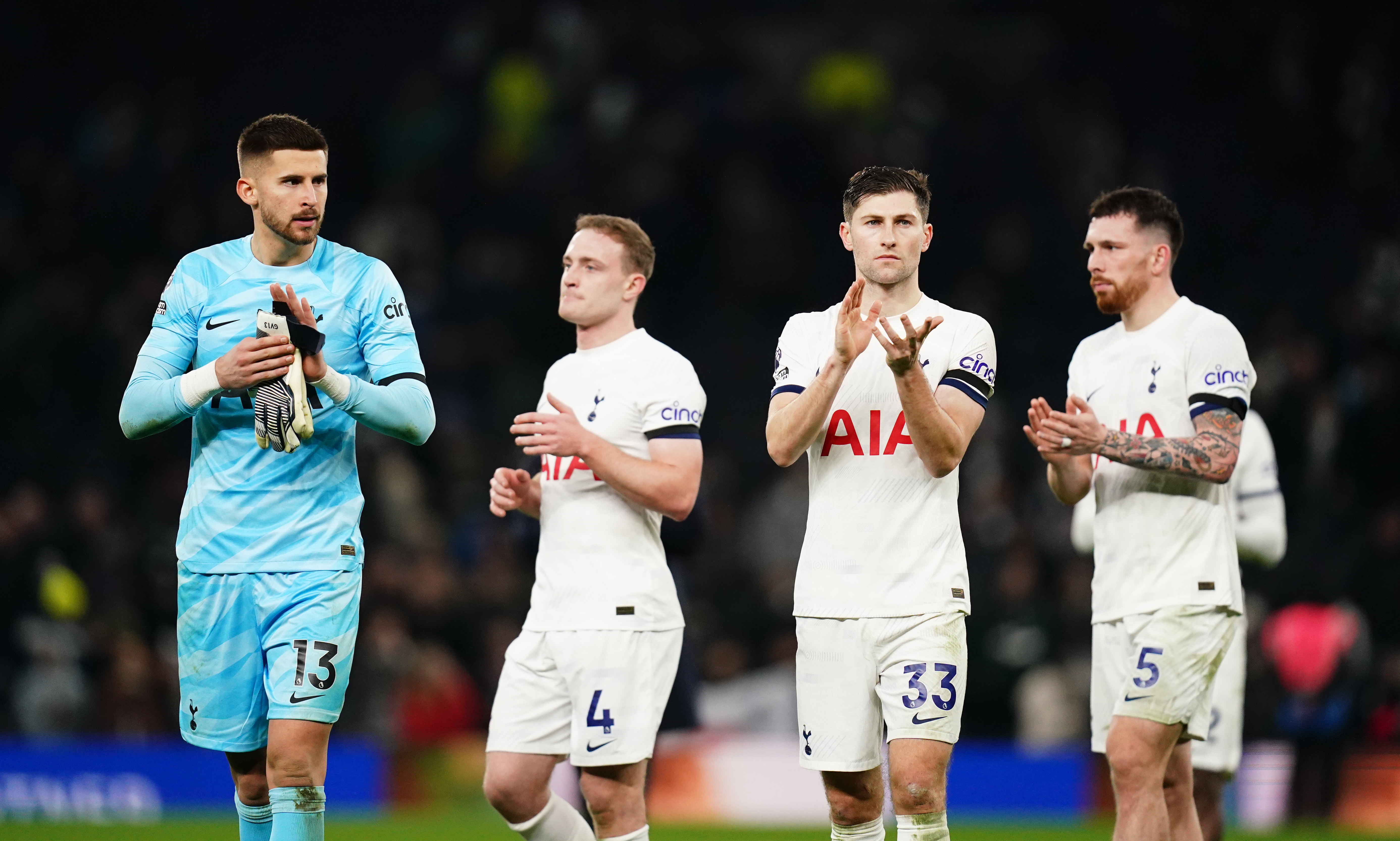 Guglielmo Vicario, Oliver Skipp, Ben Davies and Pierre-Emile Hojbjerg