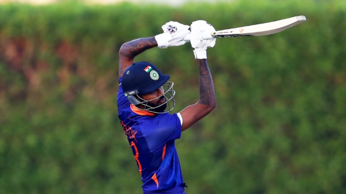 Hardik Pandya bats in a warm-up match against  Australia