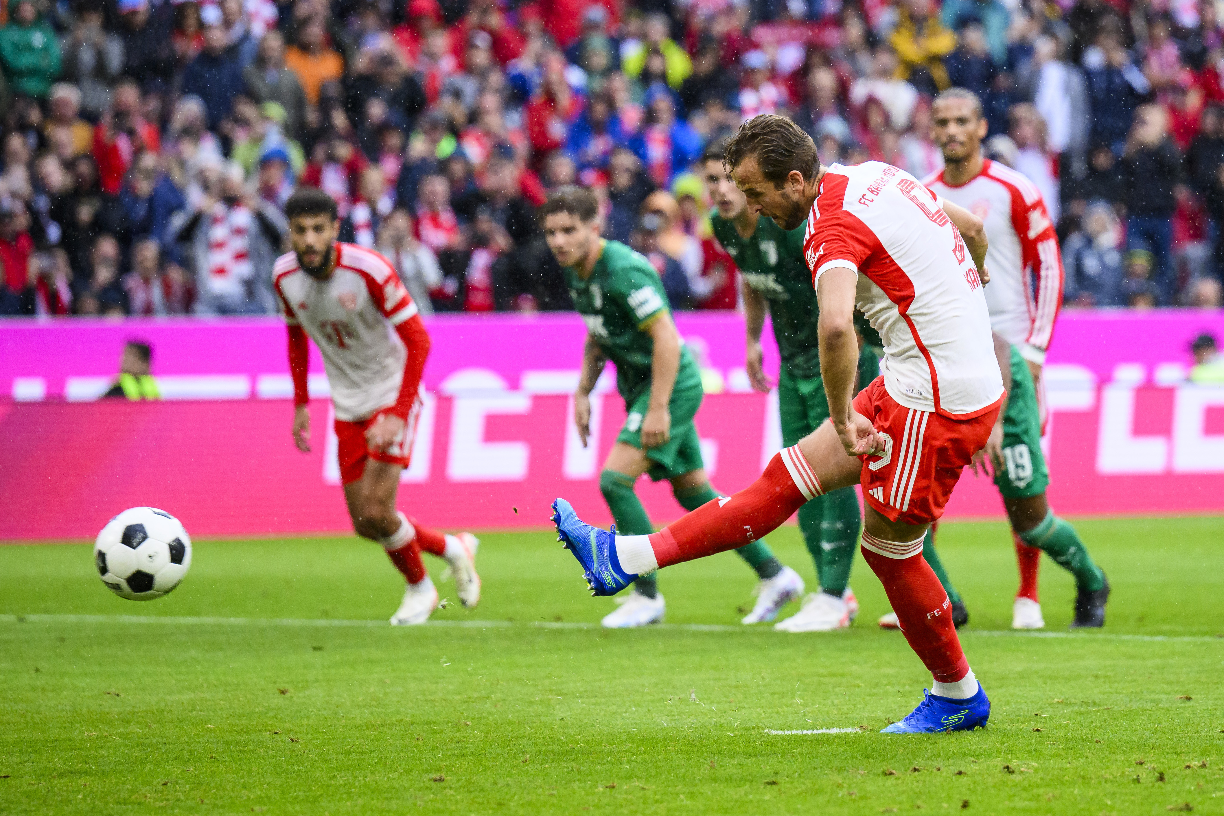Harry Kane scores his first goal for Bayern Munich at the Allianz Arena