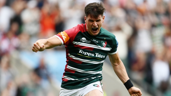 Freddie Burns celebrates after Leicester Tigers' success