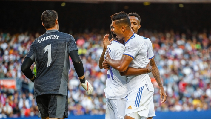 Real Madrid defenders celebrate in win over Barcelona