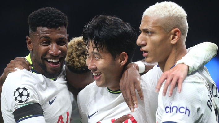 Son Heung-Min celebrates with Emerson Royal (L) and Richarlison (R)