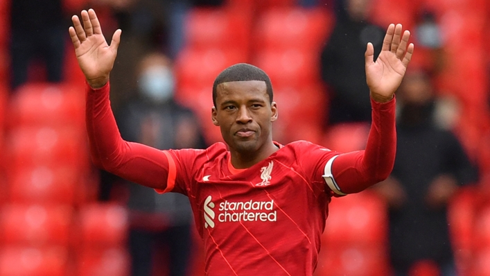 Georginio Wijnaldum waves to fans as he leaves the pitch in his final Liverpool game