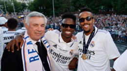 Carlo Ancelott (L) has been getting teased by Vinicius Junior (C) and Eder Militao (R) about links to the Brazil head coach job