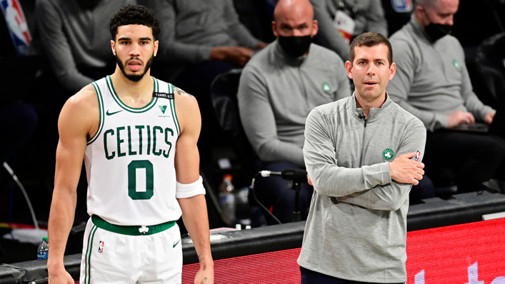 Jayson Tatum and then-head coach Brad Stevens of the Boston Celtics looks on against the Brooklyn Nets in the 2021 NBA playoffs