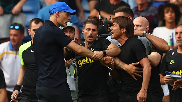 Chelsea boss Thomas Tuchel (left) and Tottenham coach Antonio Conte had a heated exchange as the final whistle sounded