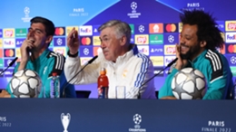 Thibaut Courtois, Carlo Ancelotti, and Marcelo pictured during Real Madrid's pre-match press conference