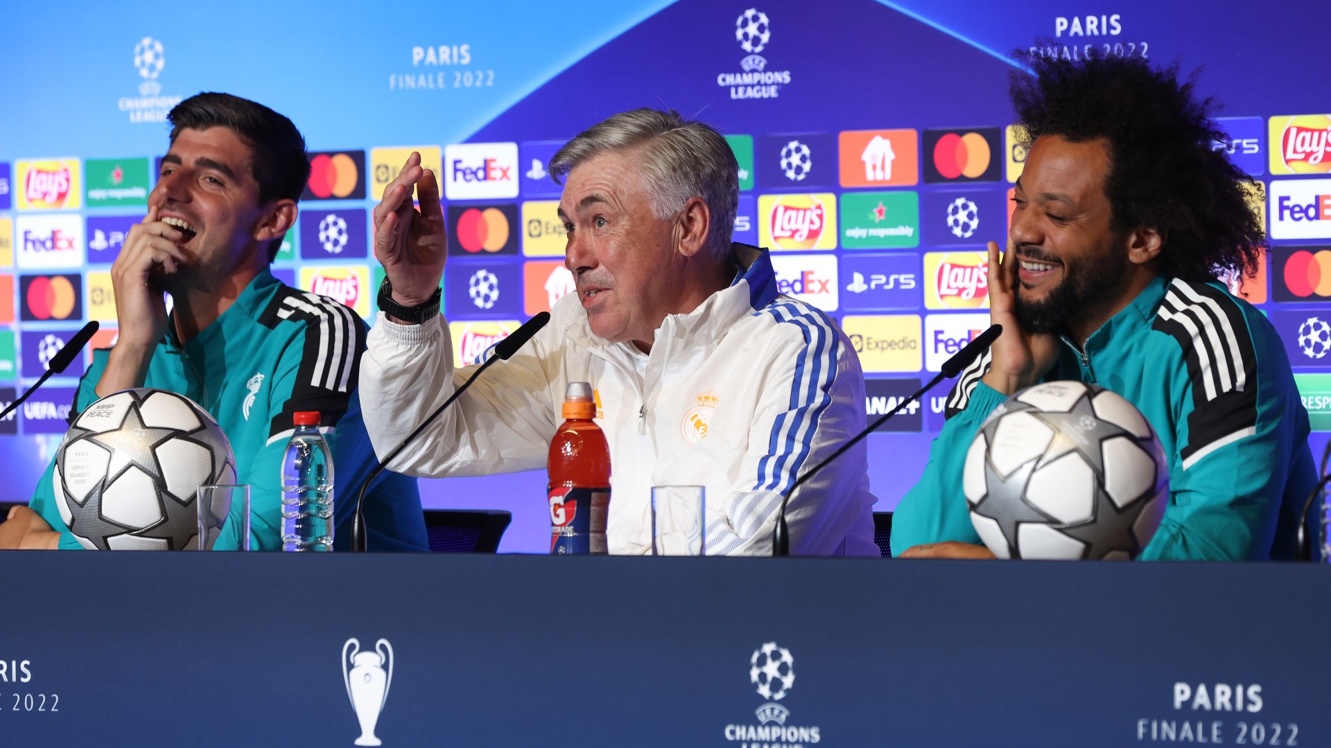 Thibaut Courtois, Carlo Ancelotti, and Marcelo pictured during Real Madrid's pre-match press conference