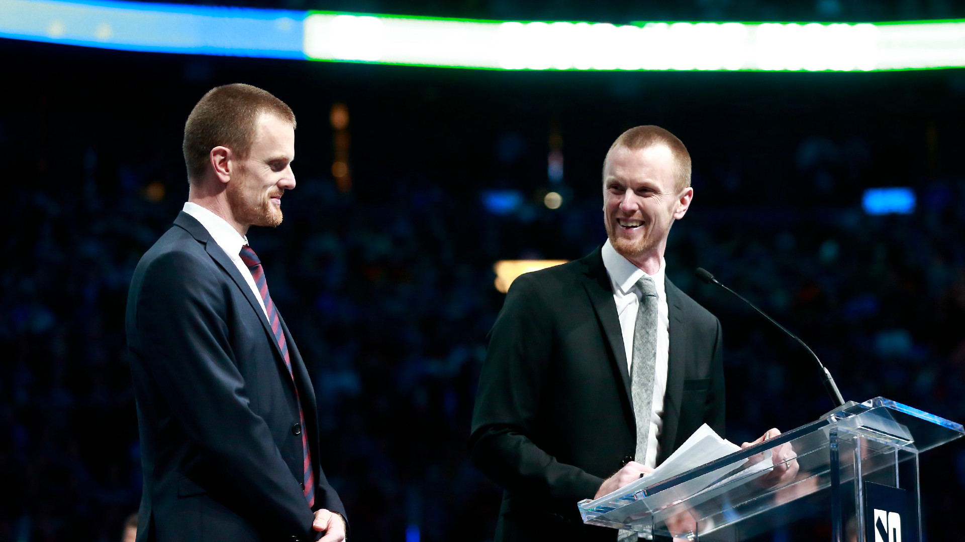 Daniel and Henrik Sedin (r) speaking in February 2020