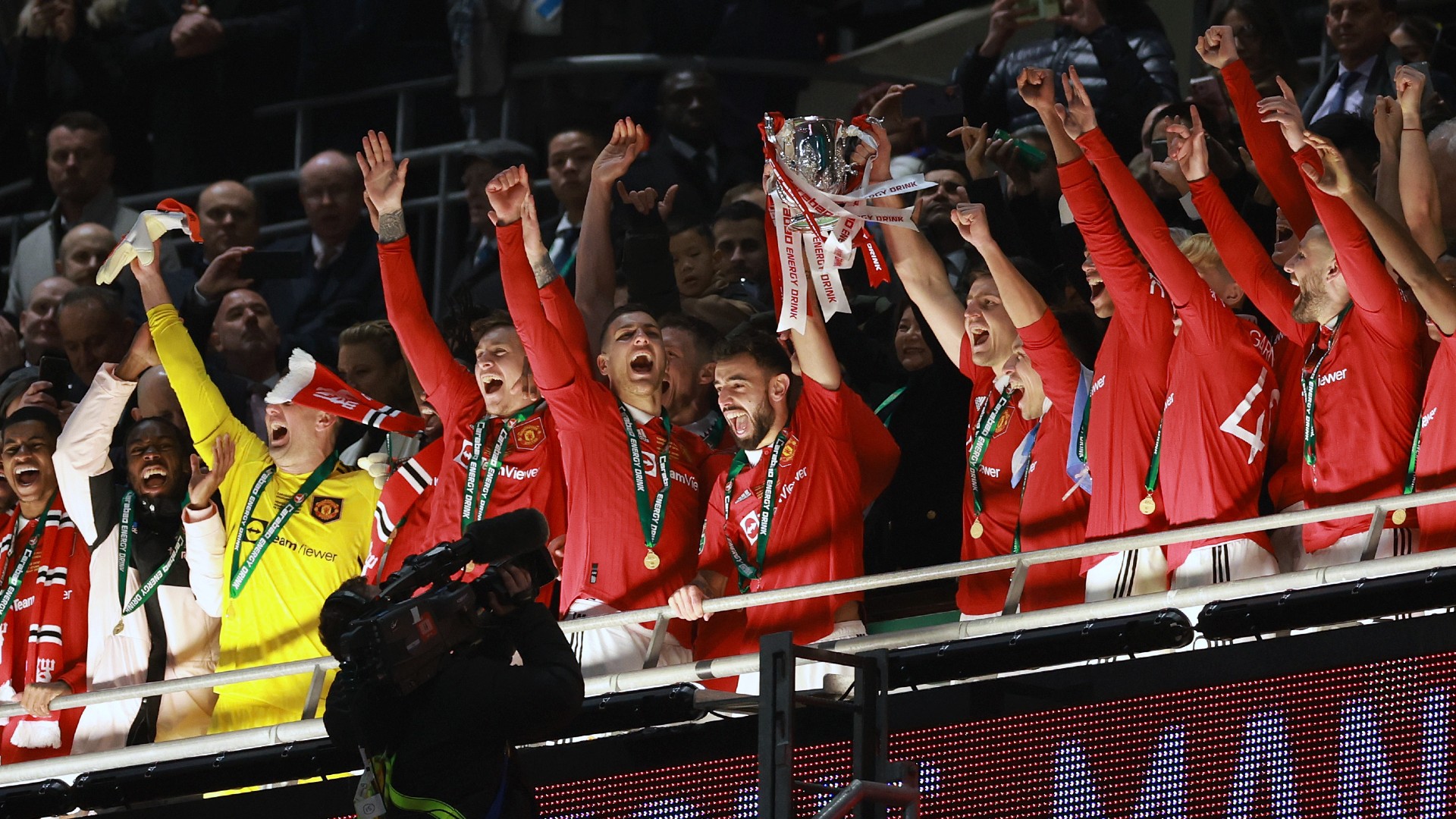 Bruno Fernandes and Harry Maguire hold the EFL Cup aloft after Manchester United's 2-0 win against Newcastle United