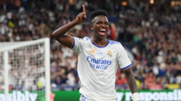 Real Madrid's Vinicius Junior celebrates his goal in the Champions League final against Liverpool