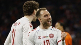 Christian Eriksen celebrates his goal against the Netherlands