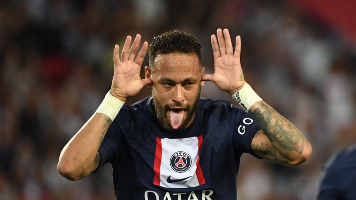 Neymar celebrates his opening goal in PSG's win over Montpellier