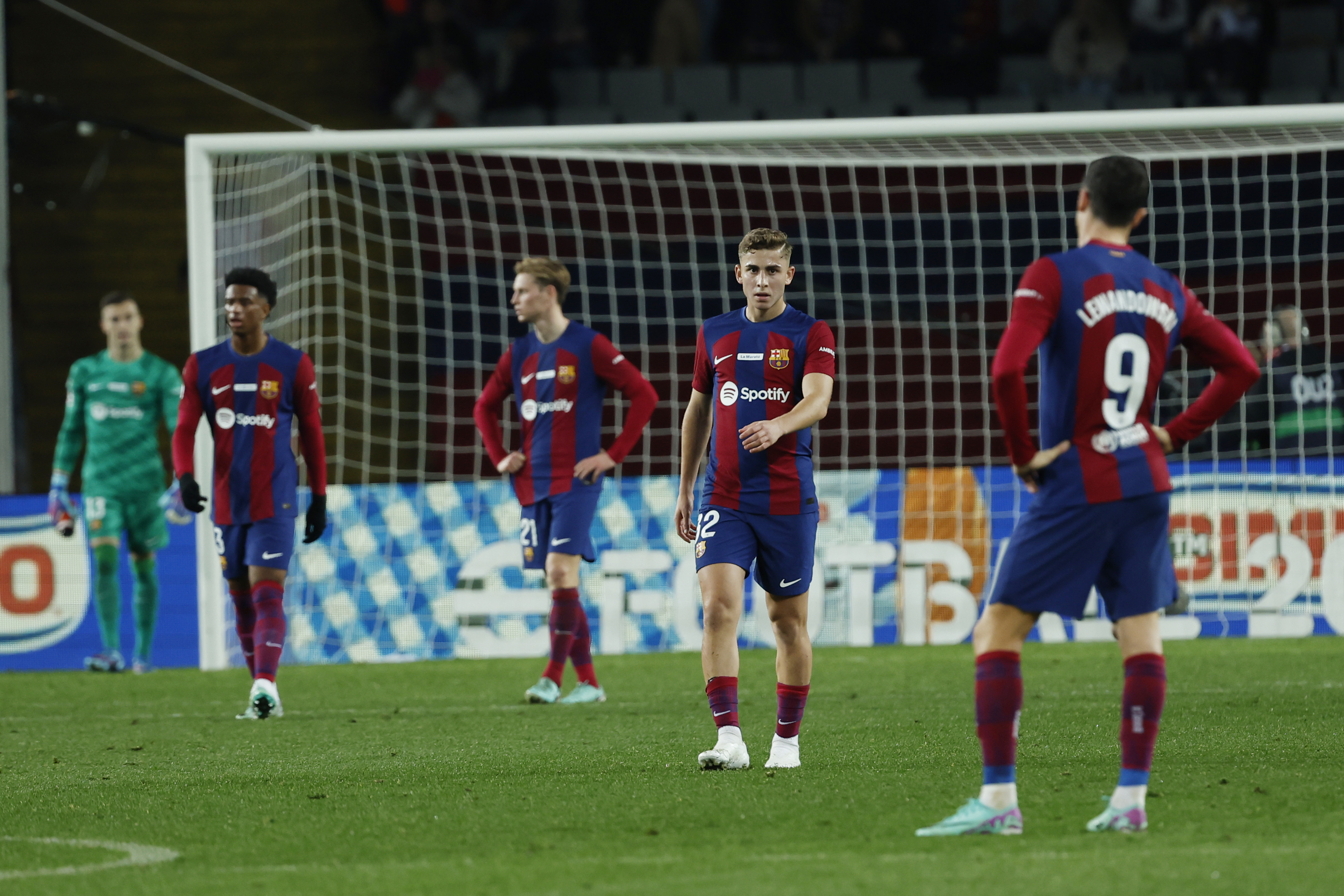 Barcelona’s team players react after defeat by Girona