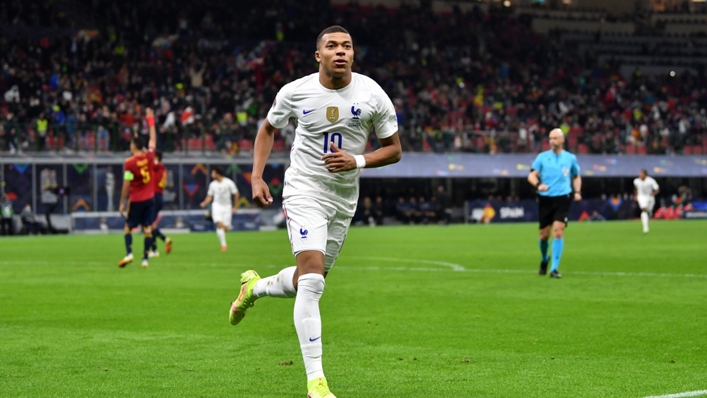 Kylian Mbappe celebrates after giving France the lead in the Nations League final