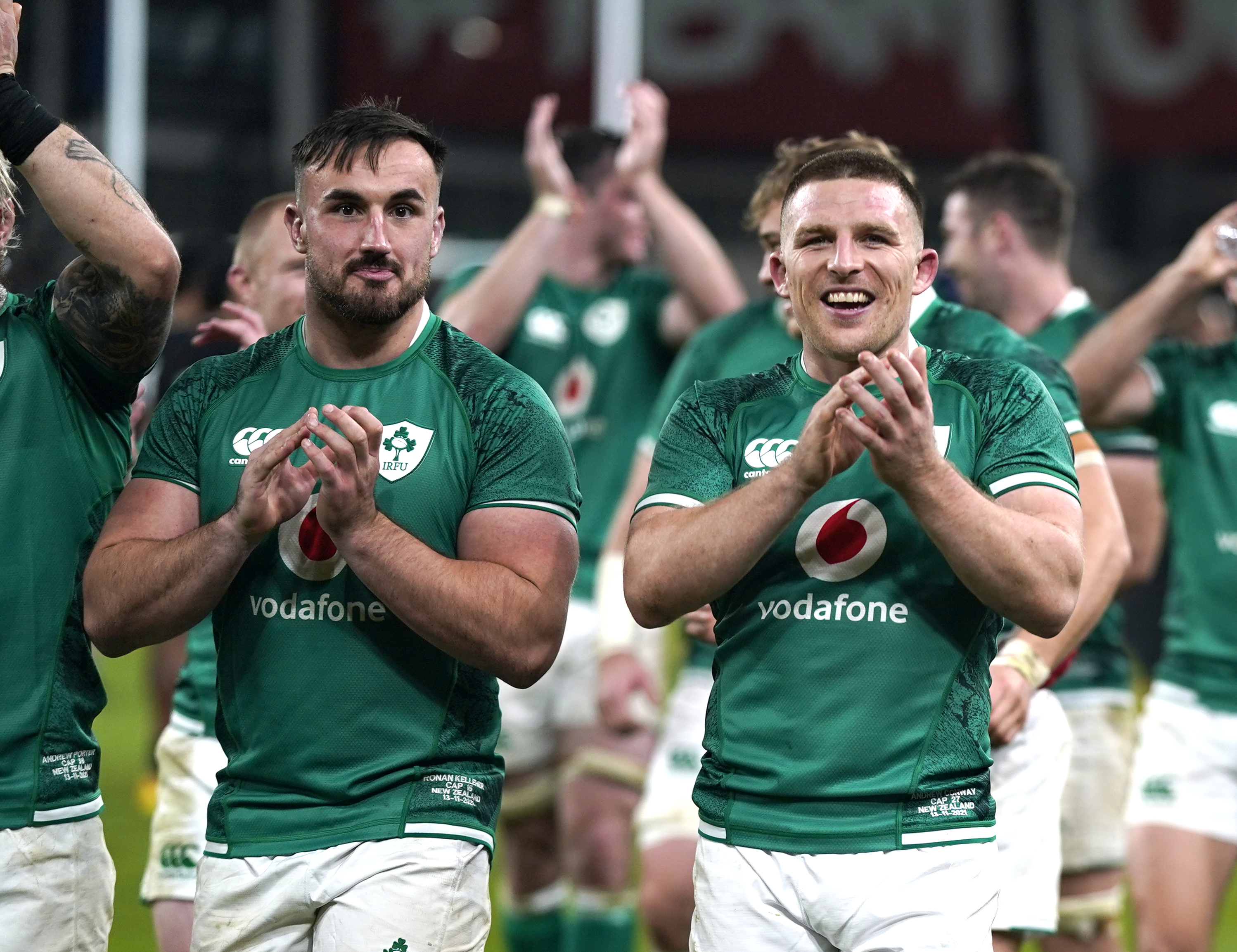 Ronan Kelleher, left, celebrates with Andrew Conway following victory over New Zealand in 2021