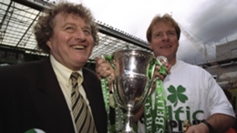 Wim Jansen (L) and Murdo McLeod celebrate becoming Scottish champions with Celtic