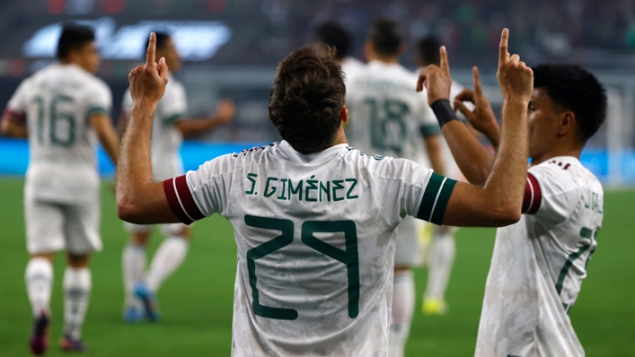 Santiago Gimenez celebrates his goal for Mexico on Saturday