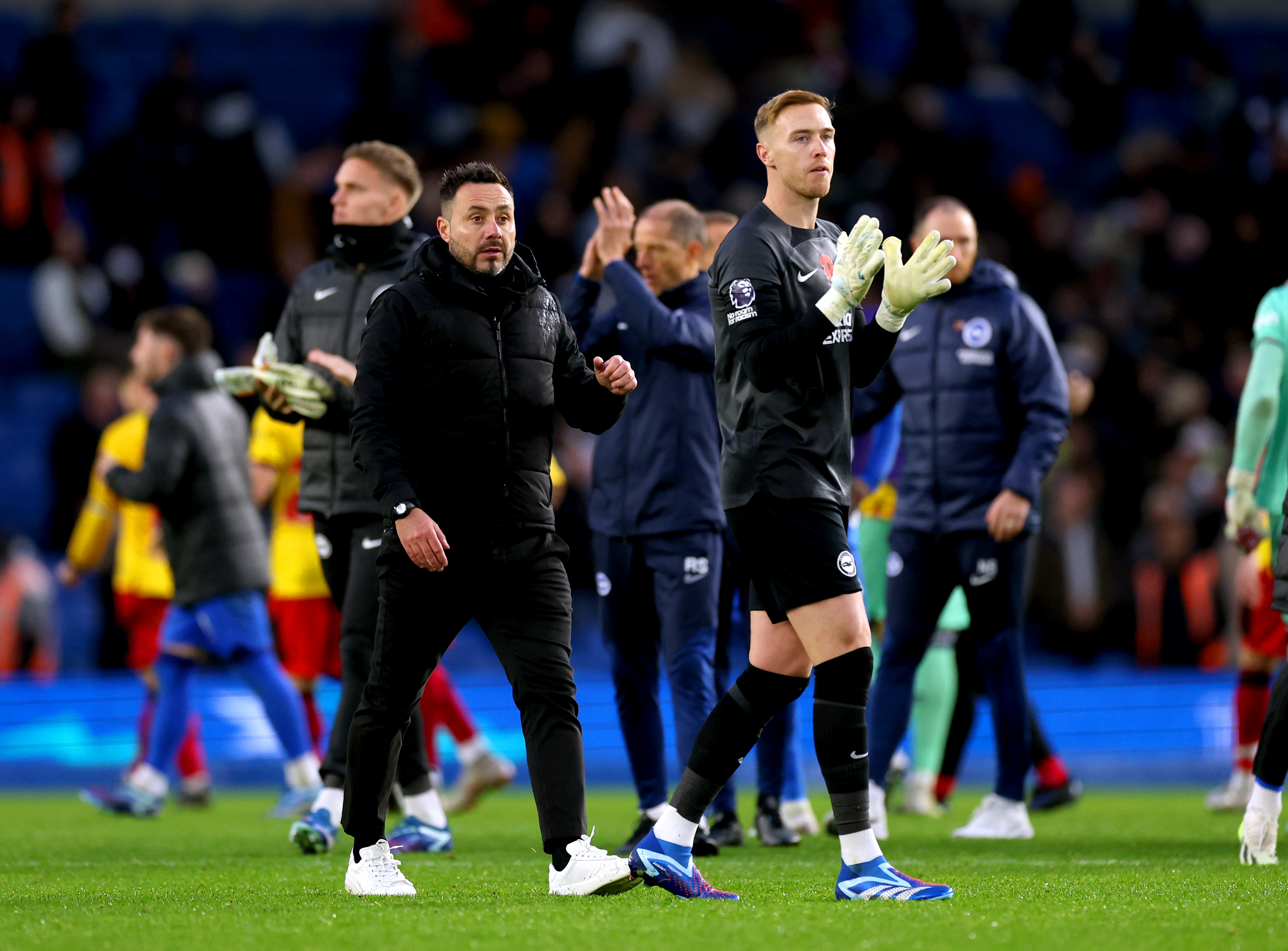 Roberto De Zerbi, left, reacts at the end of Brighton's draw with Sheffield United