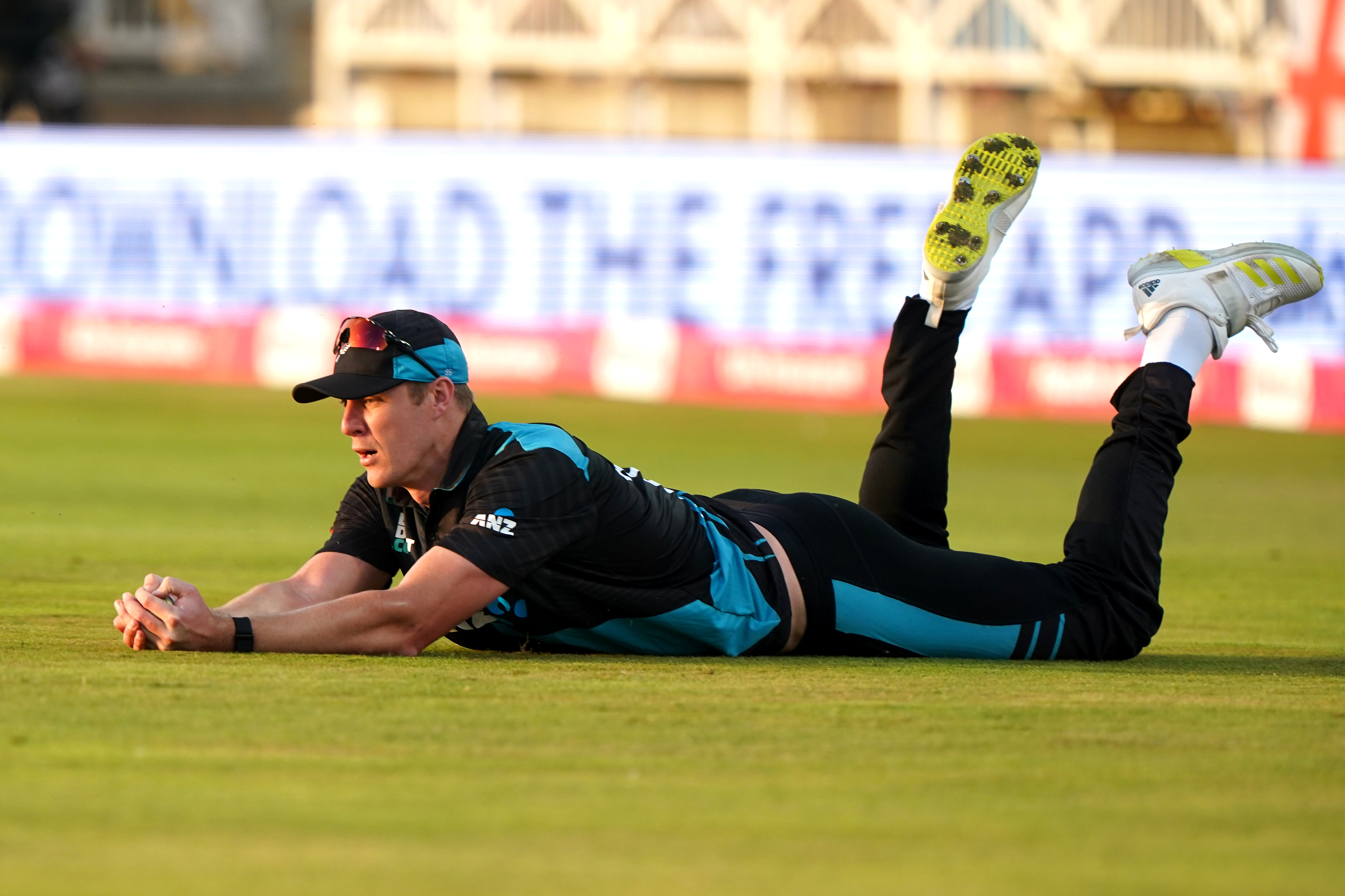 New Zealand’s Kyle Jamieson takes the catch to dismiss England’s Dawid Malan, not pictured