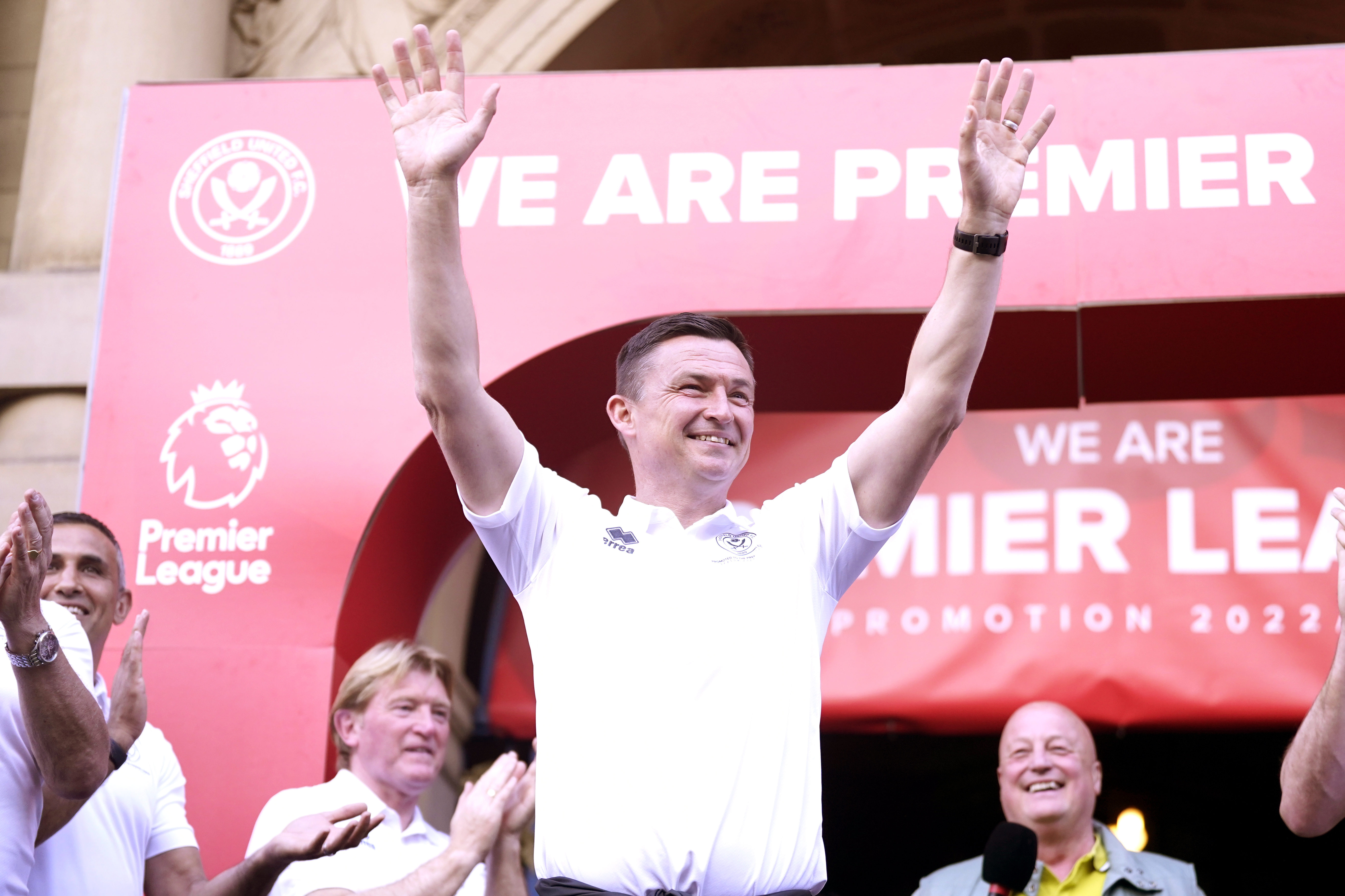 Paul Heckingbottom celebrates at Sheffield United's promotion reception at Sheffield Town Hall