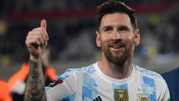 Lionel Messi of Argentina greets fans after a match between Argentina and Uruguay as part of South American Qualifiers for Qatar 2022