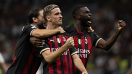 Alexis Saelemaekers (middle) celebrates scoring for Milan against Dinamo Zagreb in the Champions League