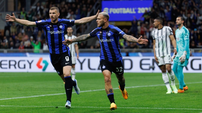 Federico Dimarco and Edin Dzeko celebrate for Inter on Wednesday