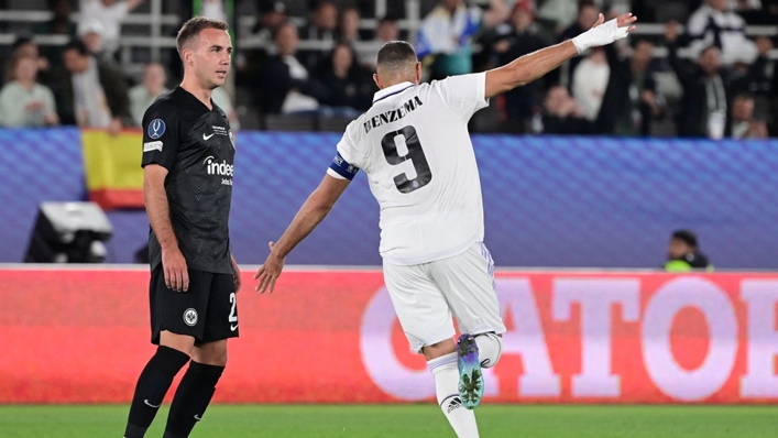 Karim Benzema wheels away in celebration after scoring against Eintracht Frankfurt
