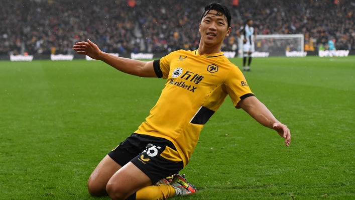 Hwang Hee-chan of Wolverhampton Wanderers celebrates after scoring their team's first goal during the Premier League match between Wolverhampton Wanderers and Newcastle United at Molineux
