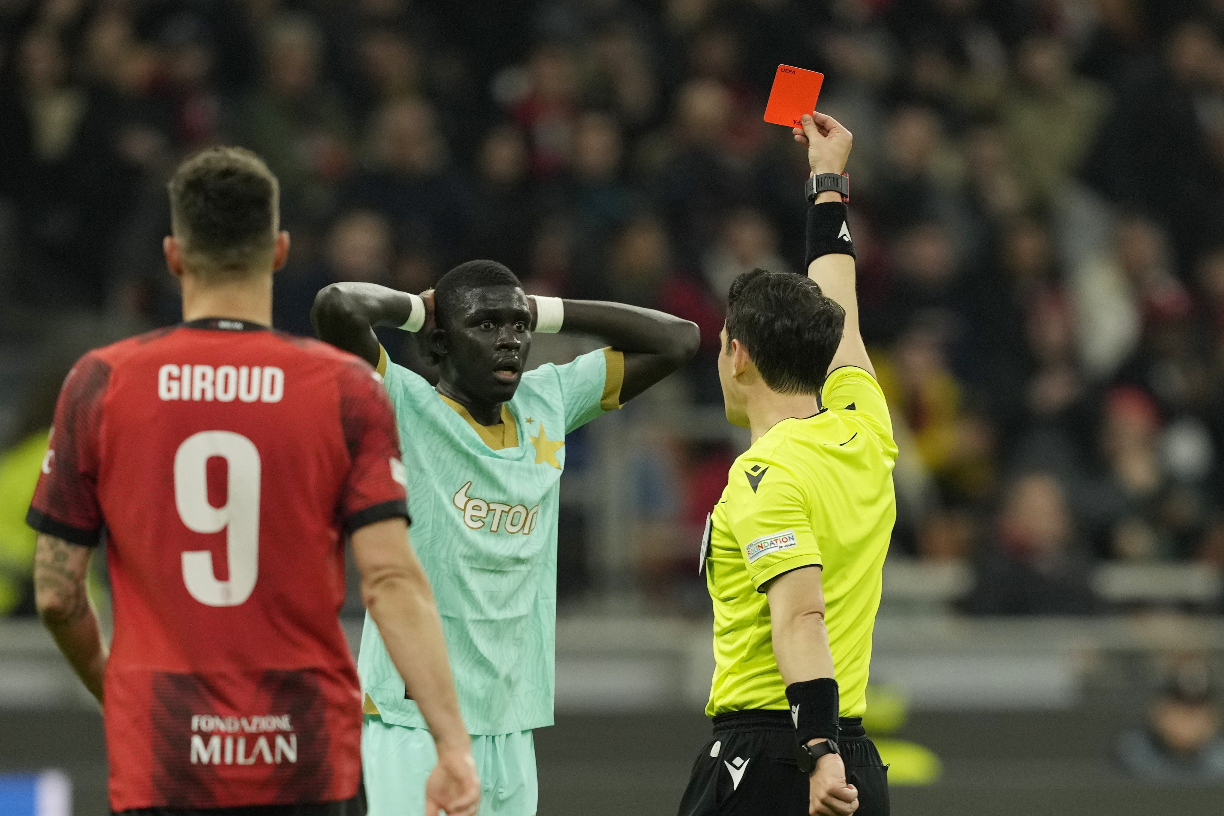 Slavia’s El Hadji Malick Diouf receives a red card