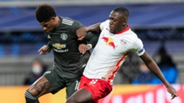 Ibrahima Konate battles with Marcus Rashford as RB Leipzig take on Manchester United in the Champions League.