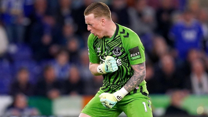 Everton goalkeeper Jordan Pickford celebrates his penalty save from James Maddison. (Mike Egerton/PA)