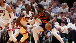 Knicks forward Julius Randle plays in the post against the Miami Heat's Bam Adebayo.