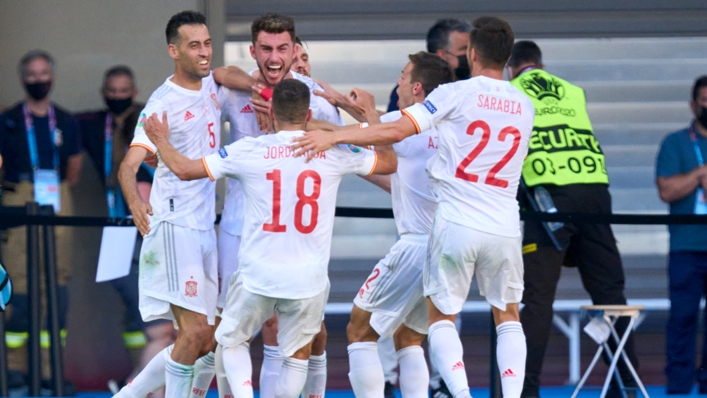 Spain's players celebrate Aymeric Laporte's goal against Slovakia