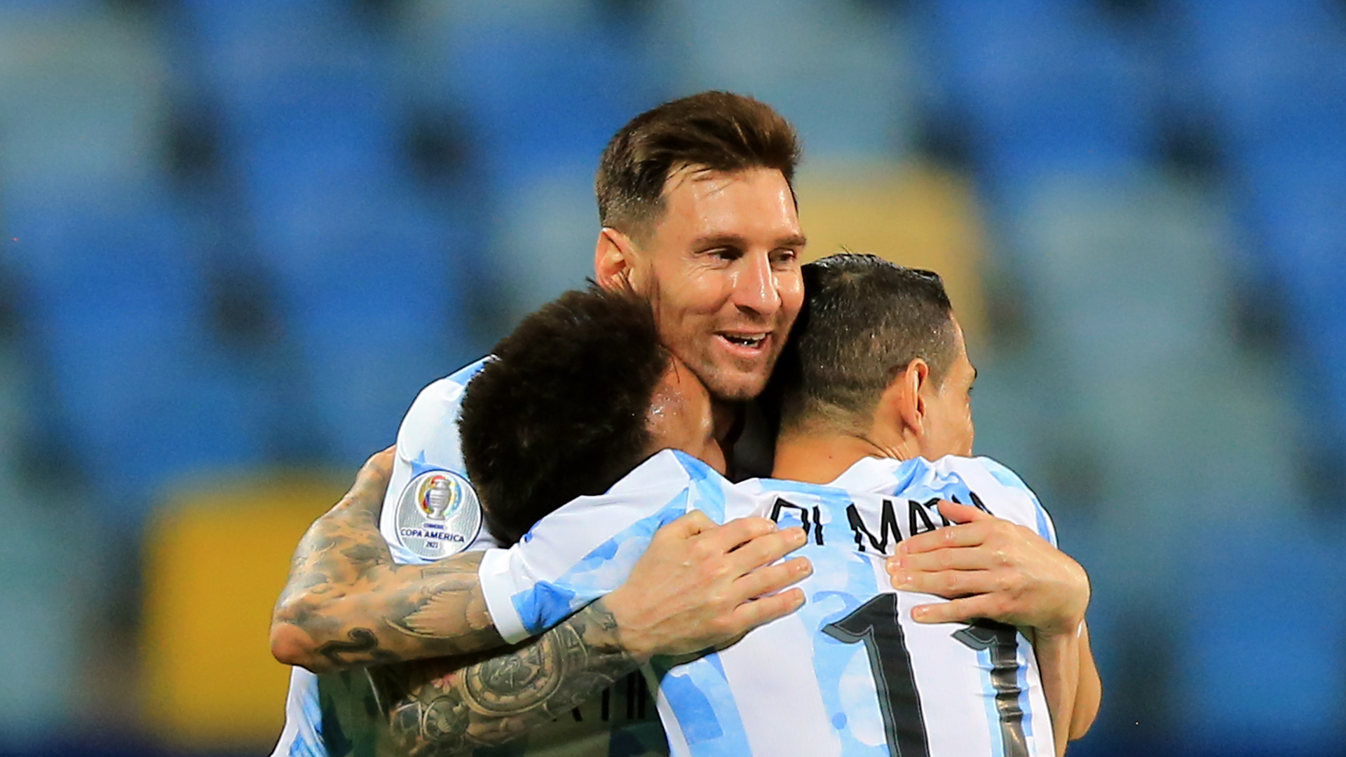 Lionel Messi celebrates with his Argentina team-mates