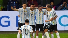 Argentina celebrate a goal against Venezuela.
