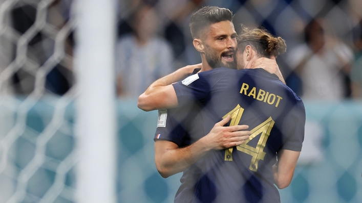 Olivier Giroud and Adrien Rabiot celebrate the former's goal against Australia