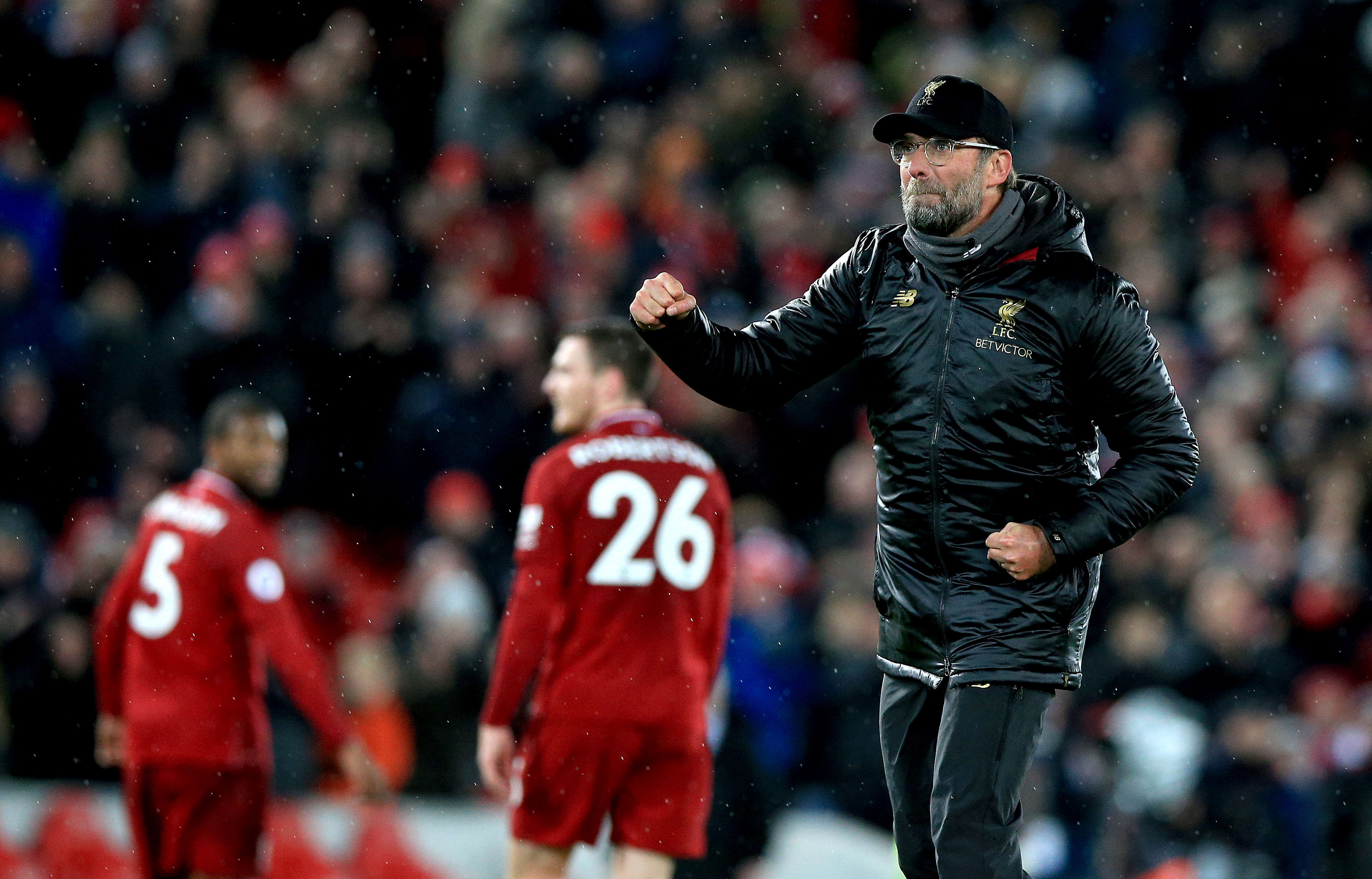 Jurgen Klopp celebrates with the crowd at Anfield